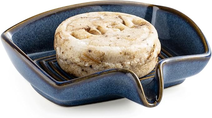 Ceramic Soap Dish, Bar Soap Holder with Drain Spout Self Draining Soap Saver for Shower Bathroom Kitchen Sink Bathtub, Keep Drying, Blue