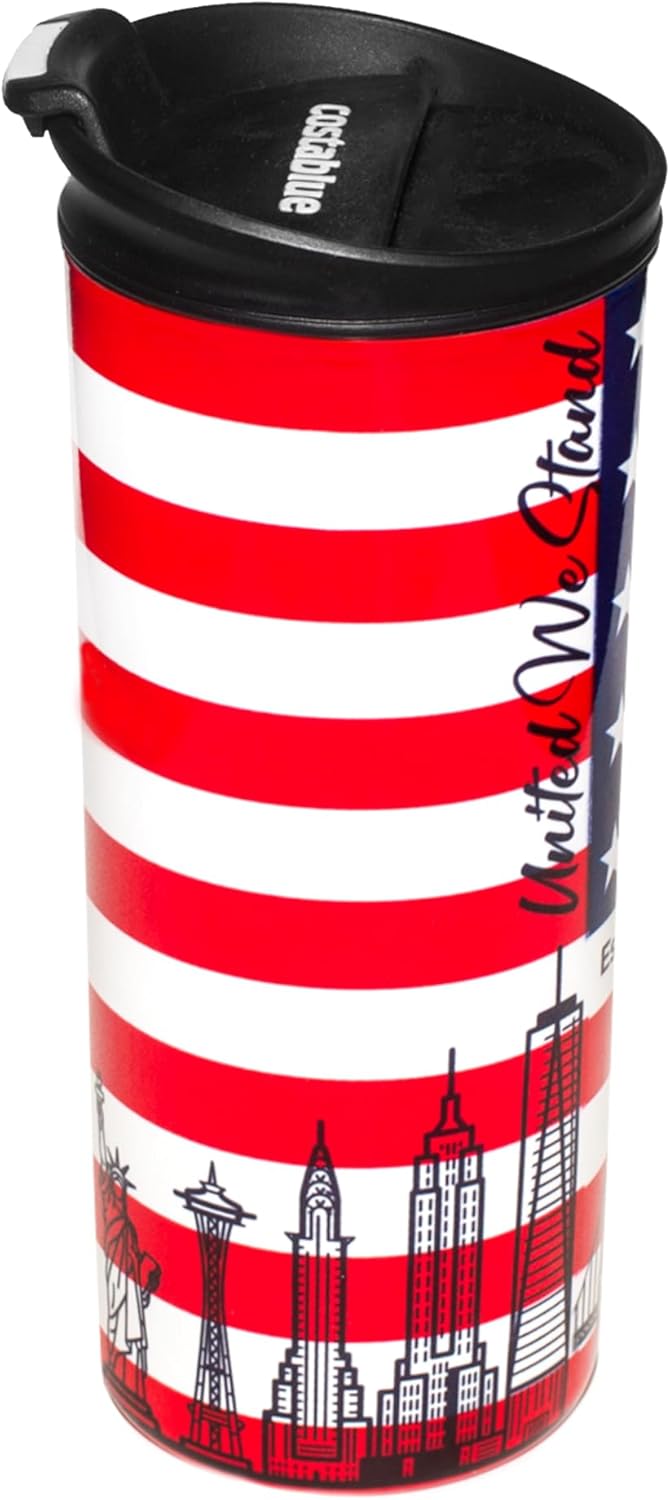 USA Vacuum Insulated Stainless Steel Thermal Travel Mug, 16 oz, Easy Clean, Flip leak Proof Lid United States of America Flag with USA Skylines…