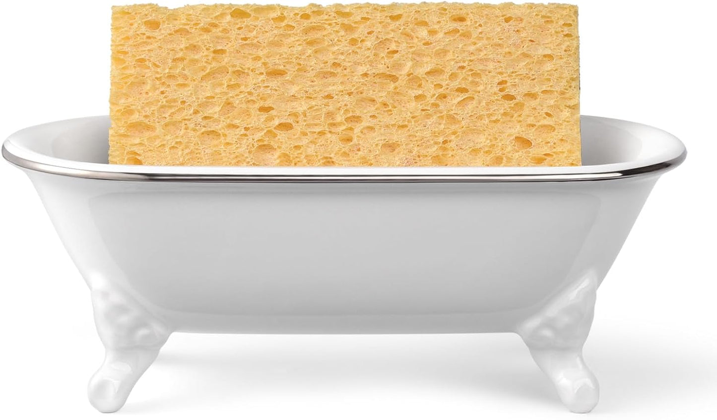 6.5" Ceramic Mini Decorative Clawfoot Bathtub Bar Soap Dish, Kitchen Sponge Holder and Shower Tray for Bathroom, 1 Pack (White Silver Rim)