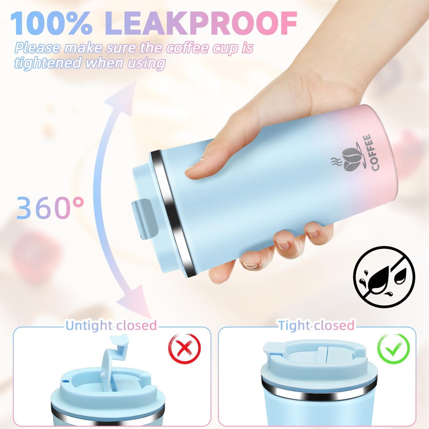 Insulated Travel Coffee Mug Reusable Coffee Tumbler Cup with Flip Lid Leak Proof Spill Proof for Office School Party Camping Hot and Cold Drink,Stainless Steel 17oz (Light Blue)