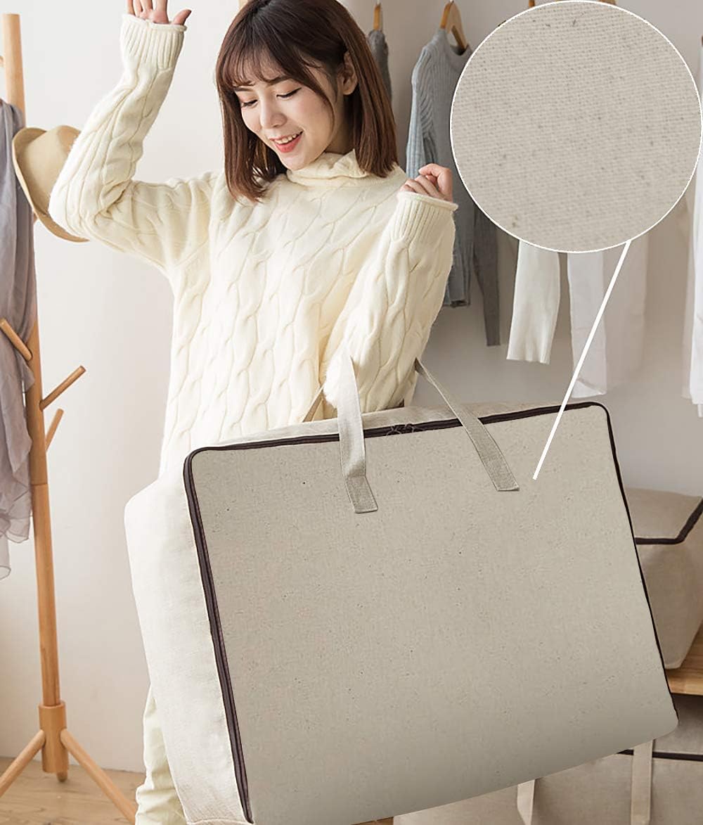 Breathable Canvas Cotton Soft Storage Bags with Handles & 3-side Zip, Good for Cotton Clothes Bedding Organizer Bins, Beige, 3pcs