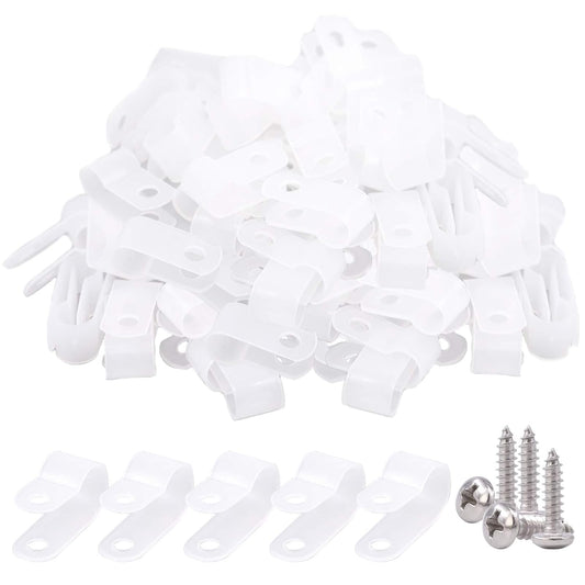 Glarks 120Pcs 3/8 Inch White Nylon Screw Mounting R-Type Cable Clip Wire Clamp with 120Pcs Screws for Wire, Cable, Conduit and Cable Conduit Kit （White）