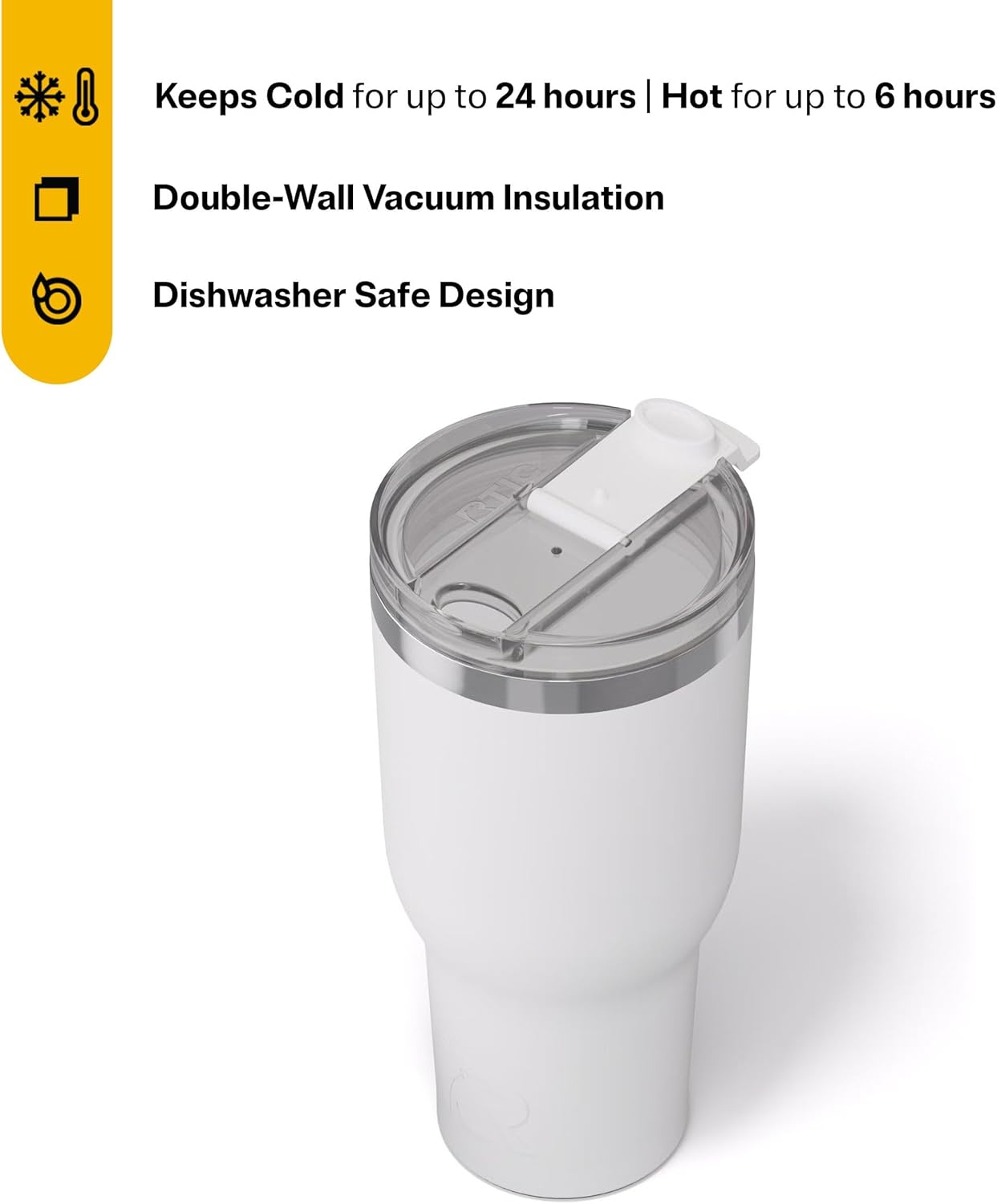 RTIC 40oz Essential Tumbler with Lid, Ceramic Lined, Insulated, Stainless Steel, Metal, Double Wall Vacuum-Insulation, Travel Cup for Iced Coffee, Tea, Hot and Cold Drink, White