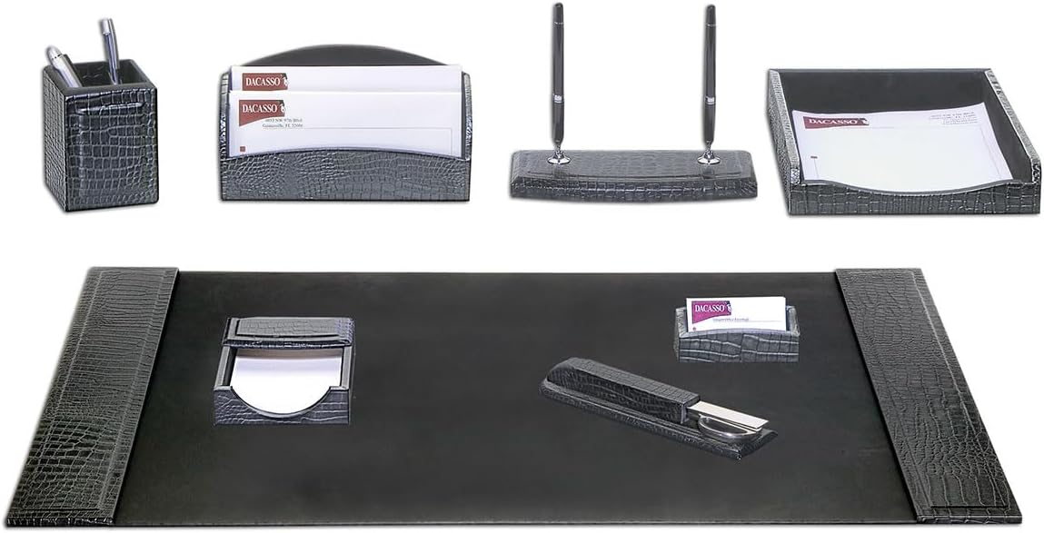 Dacasso Crocodile Embossed Leather Desk Set - Luxury Leather Desk Pad & Desk Organization Essentials - Office Organization & Executive Desk Decor - (Black, 8 Piece)
