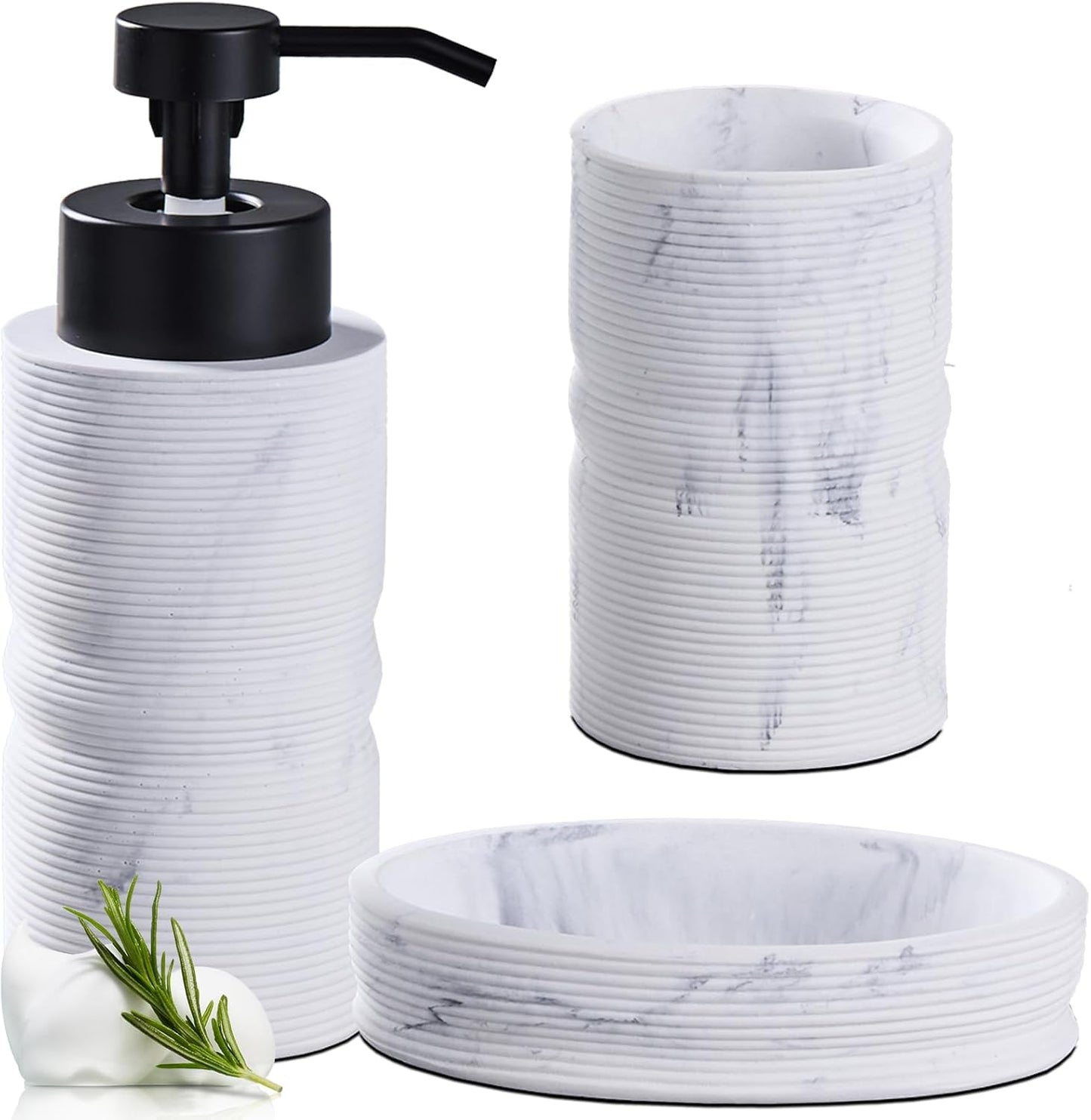 White Marble Ribbed Textures Bathroom Accessories Set 3 Pcs for Countertop - Toothbrush Holder Cup, Foaming Soap Dispenser, Soap Dish - Modern Bathroom Décor Accessory Set for Housewarming Gift