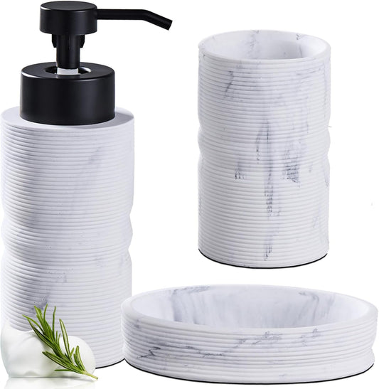 White Marble Ribbed Textures Bathroom Accessories Set 3 Pcs for Countertop - Toothbrush Holder Cup, Foaming Soap Dispenser, Soap Dish - Modern Bathroom Décor Accessory Set for Housewarming Gift