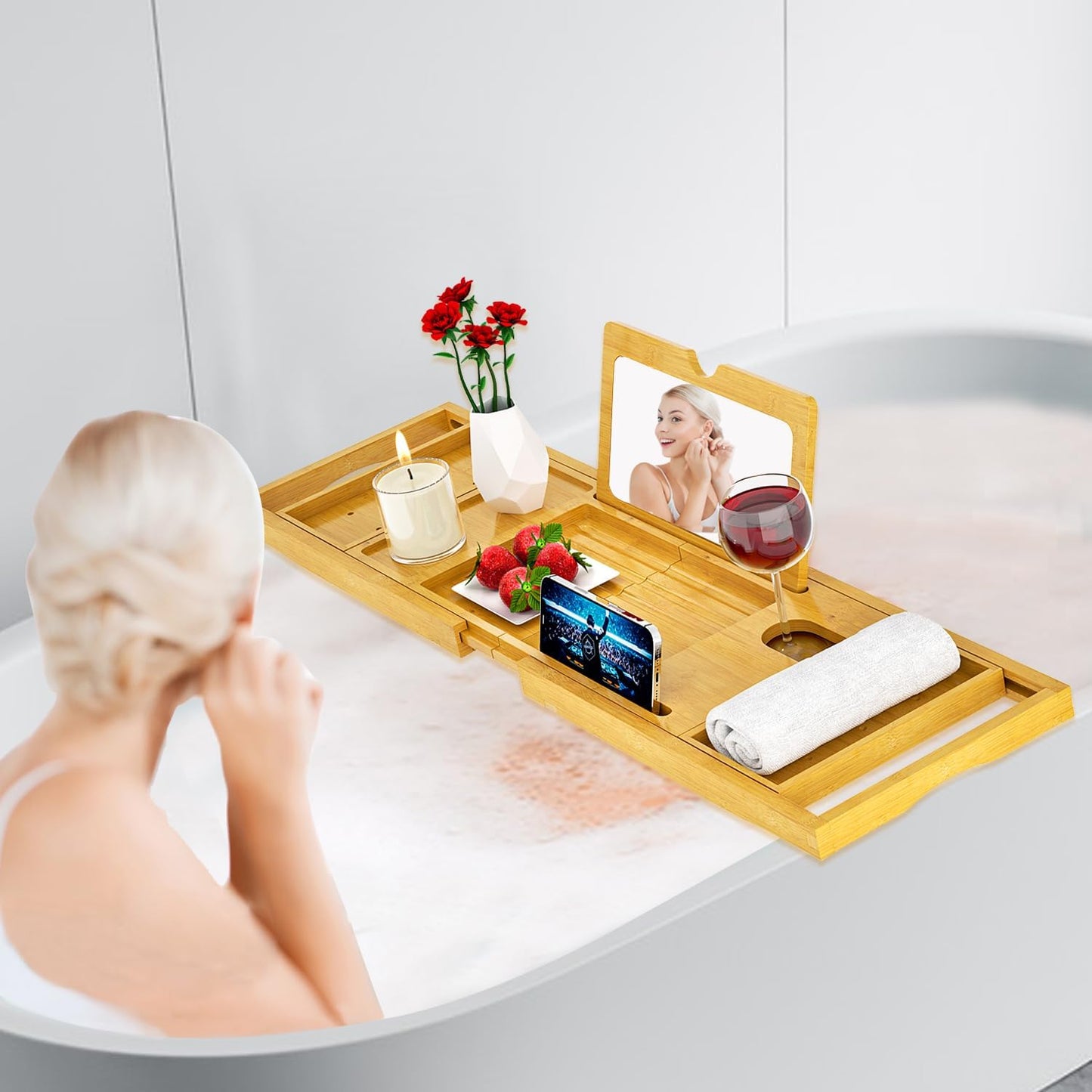Premium Bathtub Tray Caddy with Makeup Mirror Bamboo - Bath Tray Expandable- Unique House Warming Gifts, New Home, Anniversary & Wedding Gifts for Couple, Bridal Shower Gift for Wome