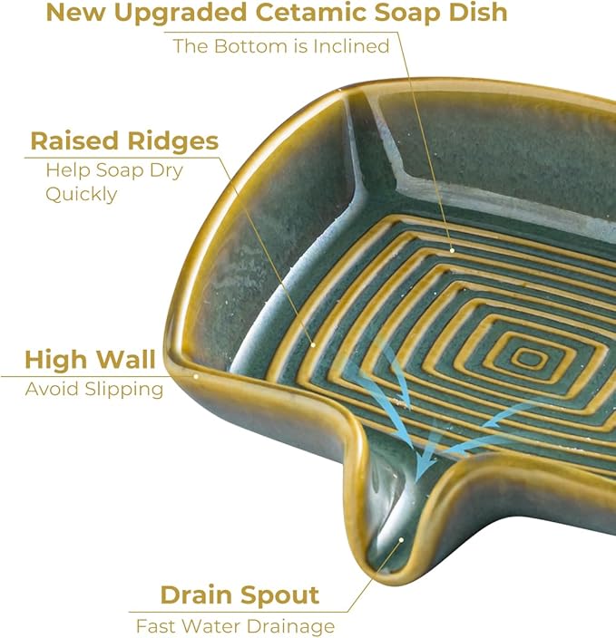 Self Draining Soap Dish, Ceramic Drain Soap Holder Waterfall Design Soap Saver for Shower, Bathroom, Sink, Kitchen and Countertop, Keeps Dry, Blue and Green