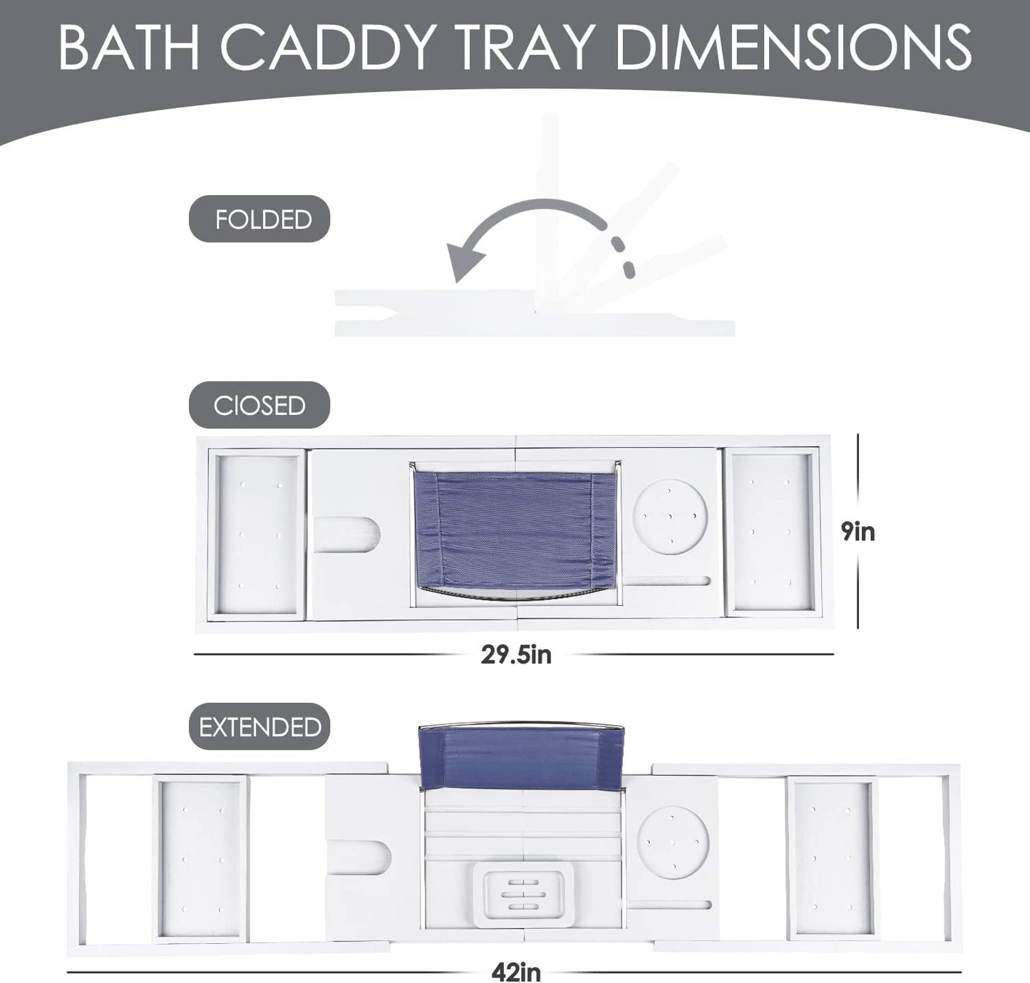 Foldable Bathtub Caddy Tray, Bamboo Bath Tub Tray Table for Tub with Wine Glass Holder Book Phone Tablet Holder with Extending Sides, Adjustable Bathroom Bathtub Free Soap Holder Gift Idea (White)