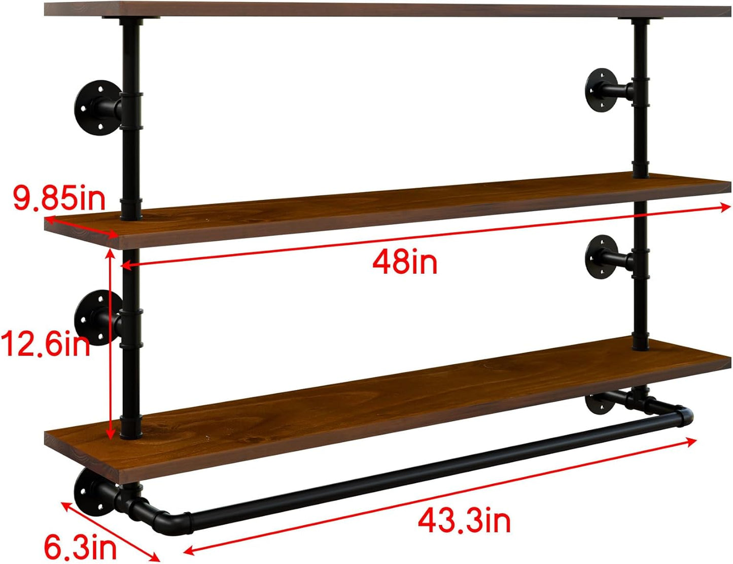 Clothes Shelves 48in, 3-Tier Wall Mounted Garment Rack with Real Walnut Wood Shelf, Heavy Duty Hanging Clothes Rack, Multi-Purpose Hanging Rod, Space-Saving Closet Storage