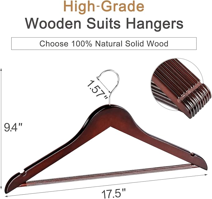 TOPIA HANGER Wooden Coat Hangers 30 Pack, Cherry Wood Suit Hangers with Non Slip Pants Bar, 360° Swivel Hook and Shoulder Notches for Camisole, Jacket, Pants, Smooth Finish Clothes Hangers - CT34M30