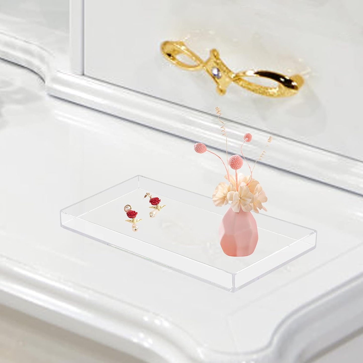 Bigfety Acrylic BathroomTray for Counter, Handmade Clear Trays Sturdy Organizer for Cup, Sponge, Soap, Plant (Large, Clear)