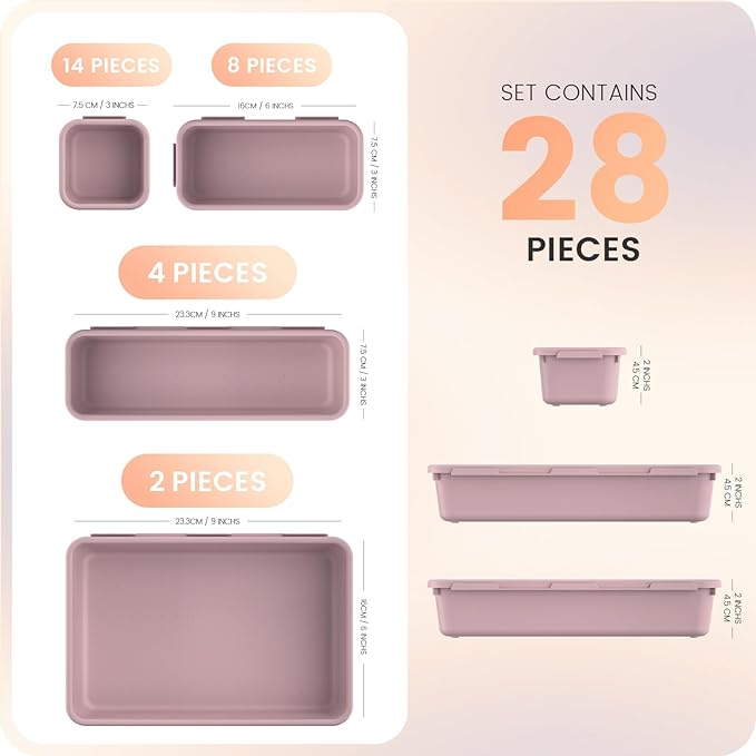 A-LuGei 【28PCS】 Drawer Organizer, Bathroom Organizers and Storage, Makeup organizer, Desk drawer organizer, Storage Bins for Kitchen Office Bedroom Vanity Jewelry Pantry Garage【Purple】【4Size】