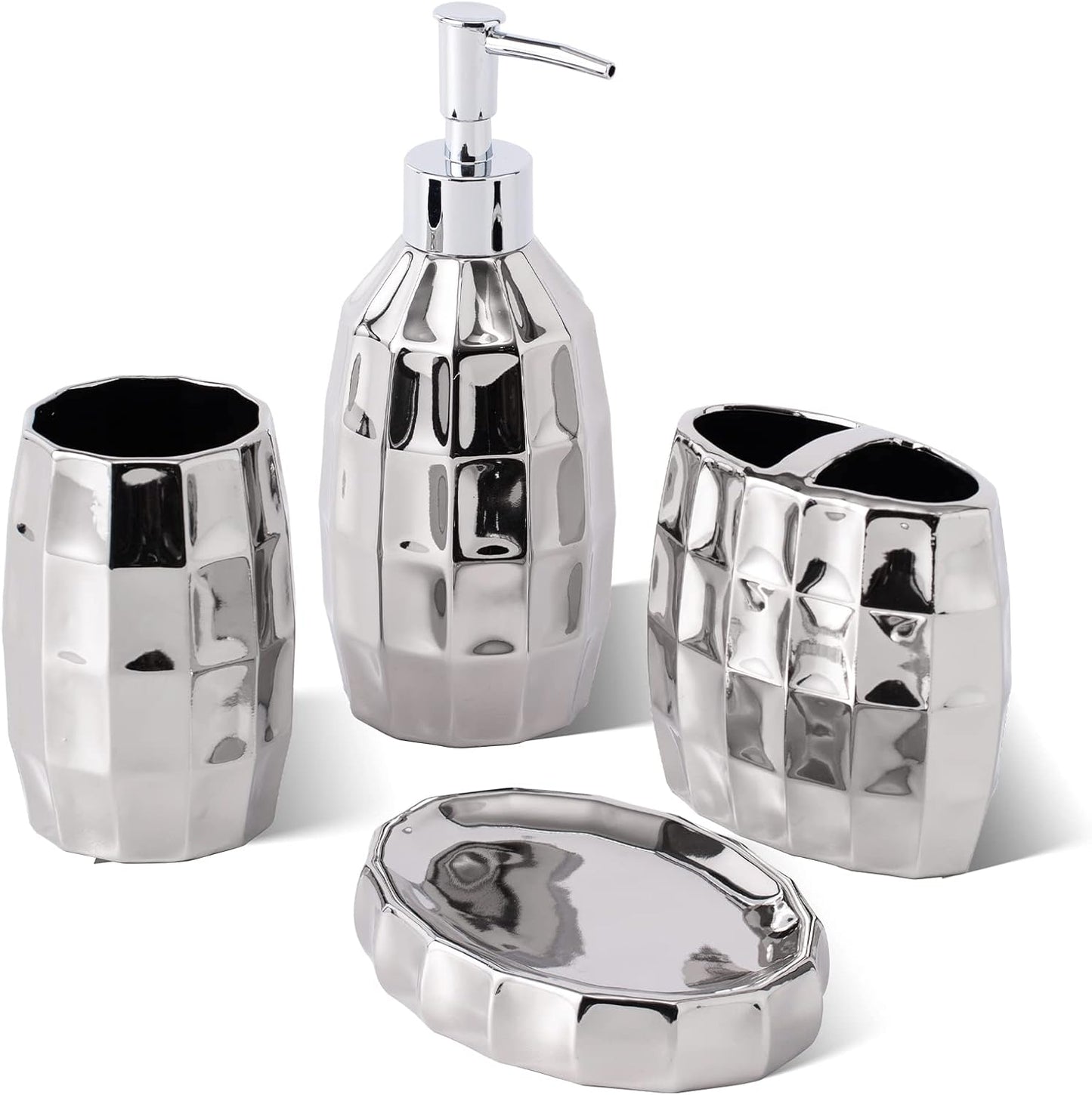 Silver Bathroom Accessory Set, Mosaic Ceramic Bathroom Accessories Set Include Lotion Dispenser, Toothbrush Holder Tumbler, and Soap Dish
