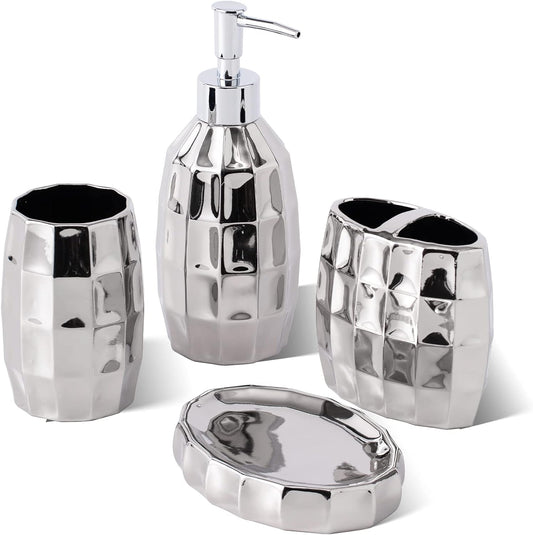 Silver Bathroom Accessory Set, Mosaic Ceramic Bathroom Accessories Set Include Lotion Dispenser, Toothbrush Holder Tumbler, and Soap Dish