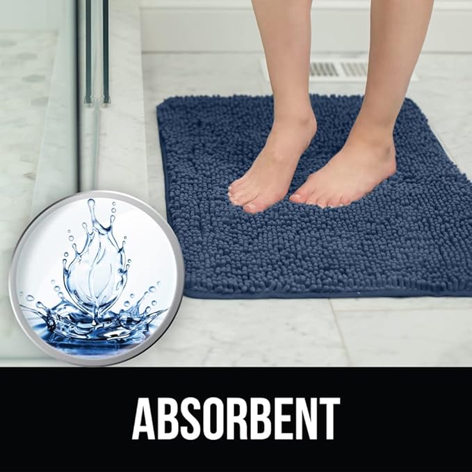 KANGAROO Bathroom Rugs, Chenille Soft Absorbent Bath Rug, Shaggy Shower Mat, Quick Dry Machine Wash Bathmat, Plush Carpet Mats for Tub, Bathtub and Room Home Decor Accessories, 60x24, Navy Blue
