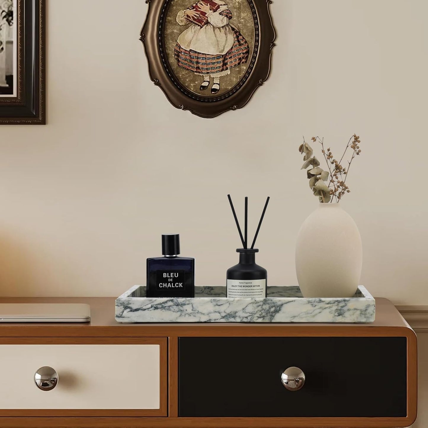 Real Natural Marble Tray for Bathroom, Vanity, Kitchen and Desktop, Rectangle Genuine Marble Stone Tray for Jewelry, Cosmetics, Candles, Lotion, Perfume and Home Decor Cyan Green