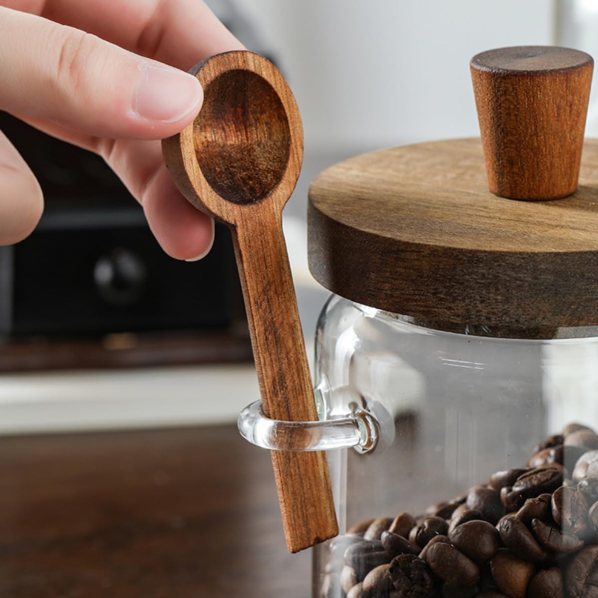 ANSQU 34oz Glass Jar with Wooden Lid & Spoon, Food Storage Containers Coffee Jar Coffee Grounds Container, Food Storage Canister, Kitchen Pantry Storage Container