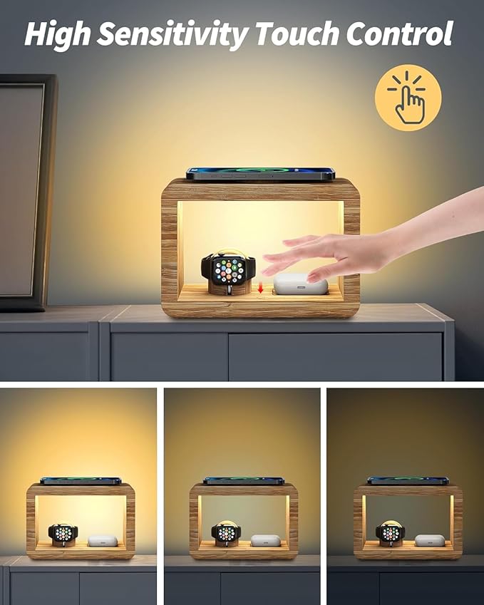 Bamboo Wireless Charging Station: 3-in-1 Wireless Charger with Night Lights - Fast Charging Stand Compatible with iPhone 16/15/14/13/12 Pro Max/X/Xs Max/8, AirPods Pro, Watch Series 10/9/8/7/6/5-2/SE