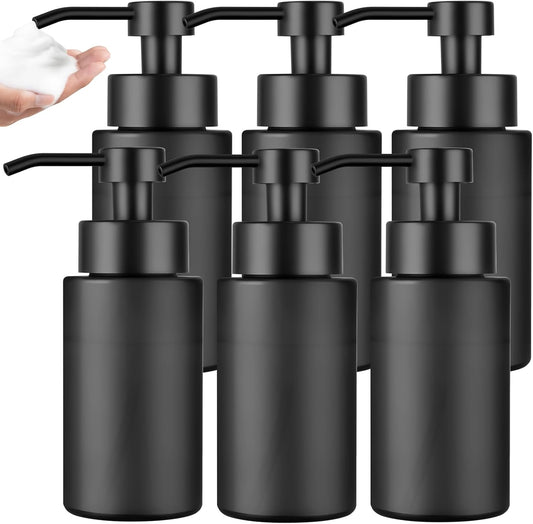 6 Pack 10 OZ Glass Foaming Soap Dispenser for Bathroom & Kitchen Foaming Hand Soap Dispenser with Labels Dispenser for Liquid Soap,Shampoo,Body Wash,Dish Soap,Black