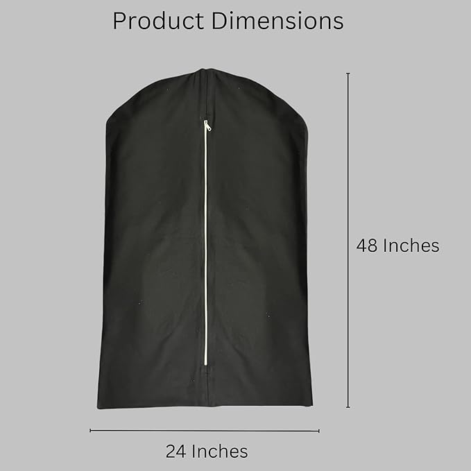 Premium 100% Cotton Garment Bags – 48" Black Canvas Suit Cover with YKK Zipper – Breathable, Dust-Proof Storage for Suits, Coats, Dresses, Jackets & Travel/Closet Use