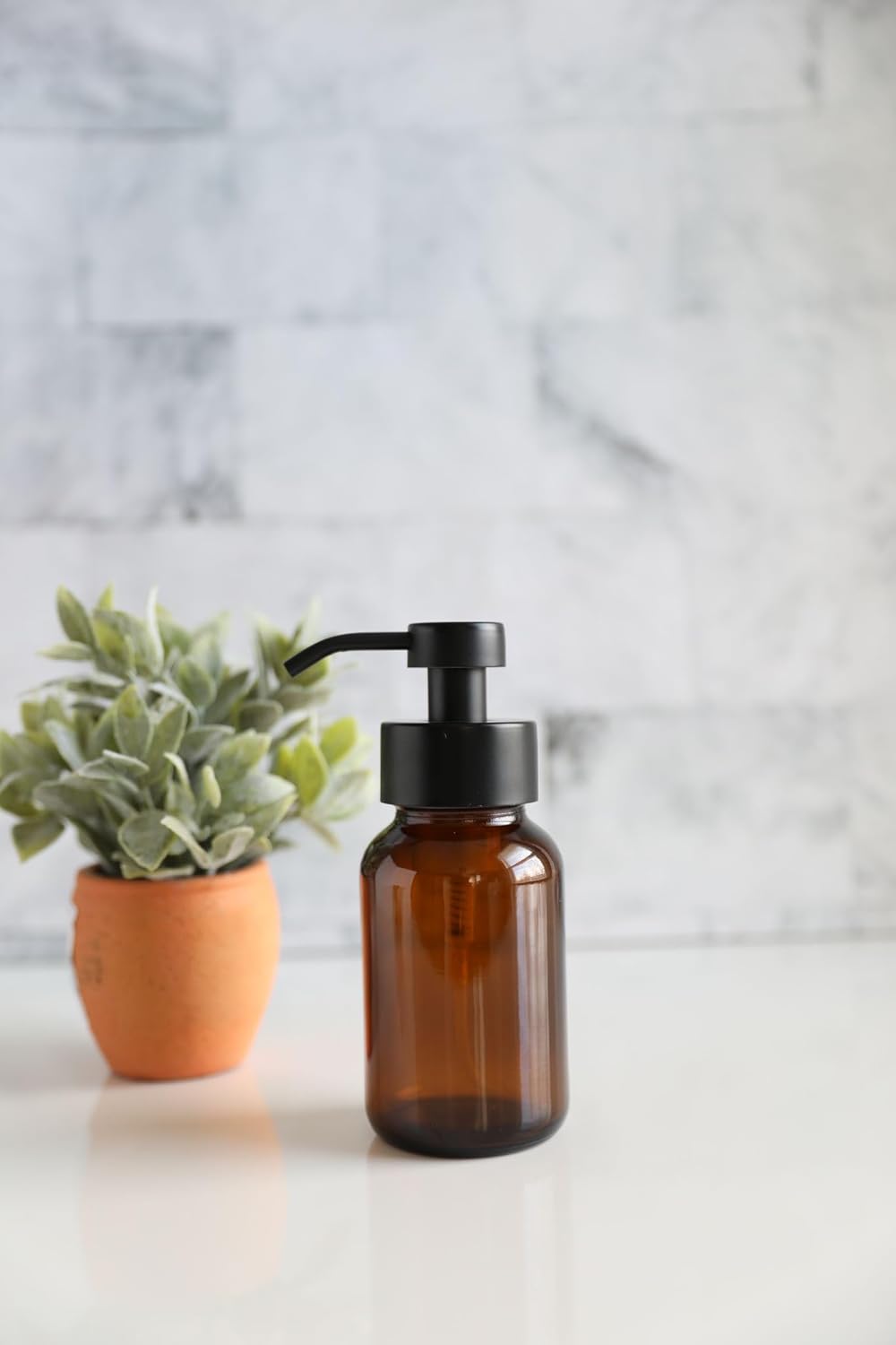 Rail19 Amber Glass Apothecary Foaming Soap Dispenser with Metal Pump - for Kitchen and Bathroom Countertop, 8.5oz (Black)