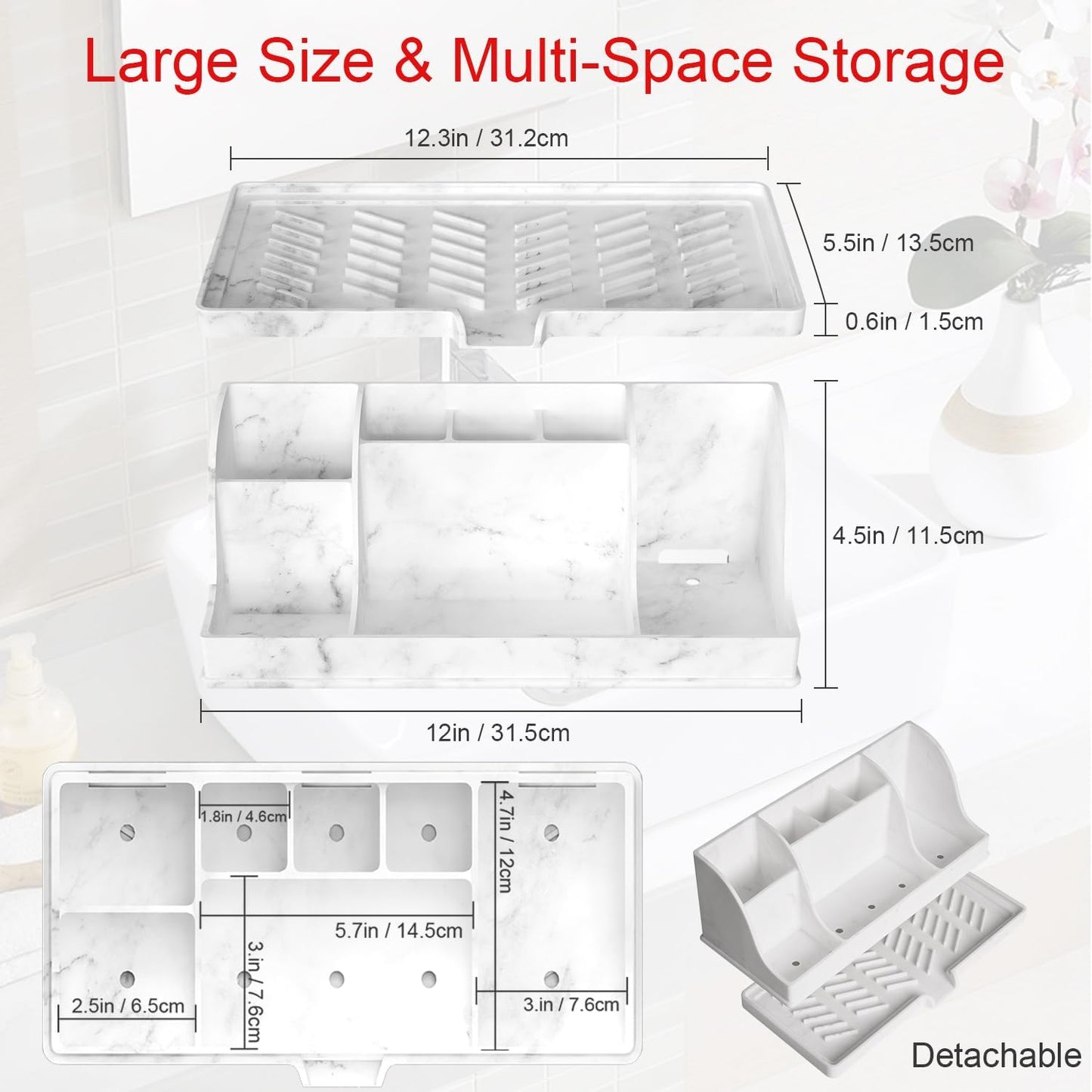 Large Size Silicone Tooth Brush Holder for Bathroom with Drainage, White Marble Toothbrush Holders, Easy Clean Bathroom Countertop Organizer Detachable Makeup Organizer for Vanity