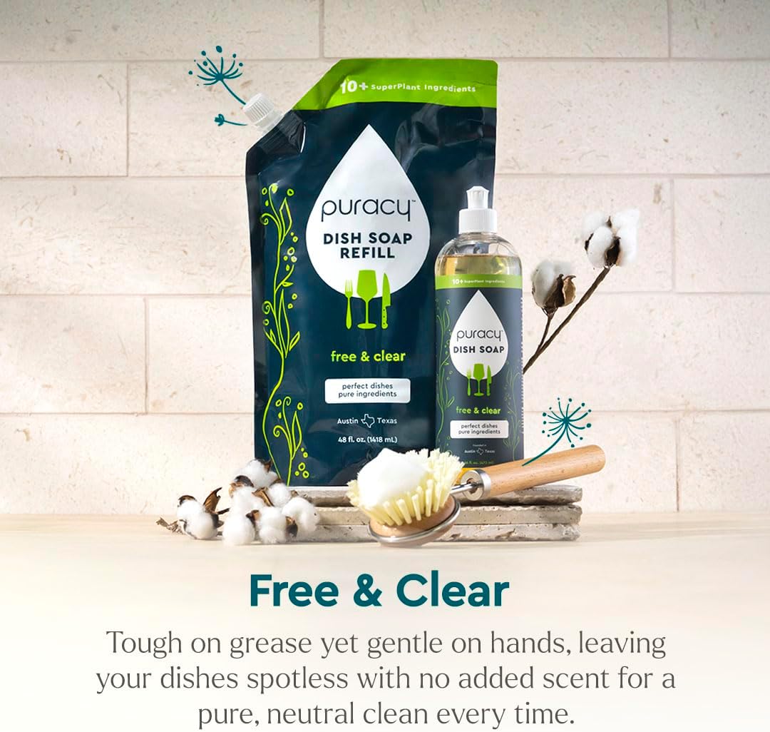 Puracy Natural Dish Soap Packs- Unscented Skin-Softening Plant-Based Dishwashing Soap, Non-Toxic Dish Soap, Fragance Free Organic Liquid Dishwashing Detergent Soap (Unscented, 16 fl oz, 3 Pack)