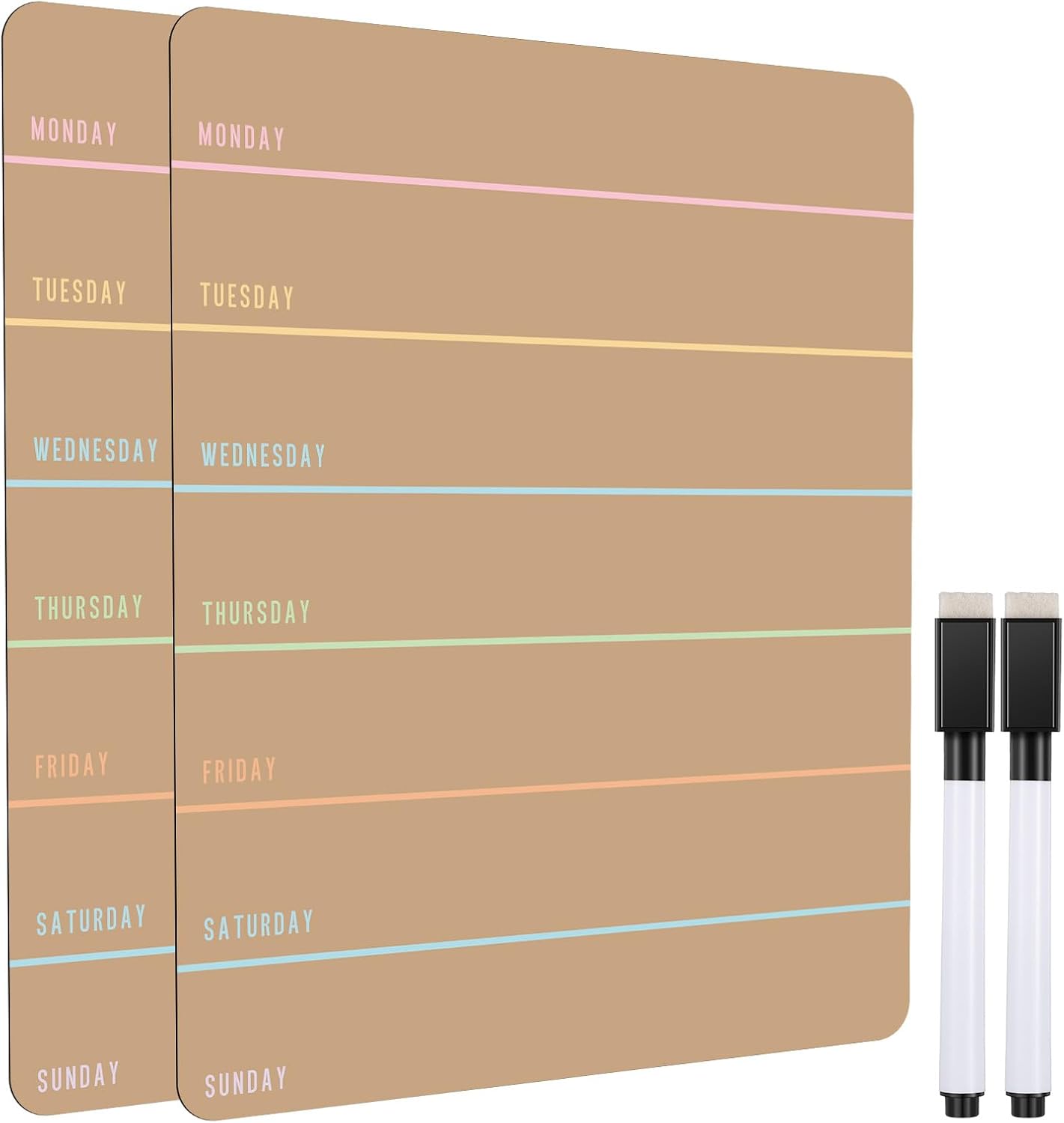 Outus 2 Pieces Magnetic Weekly Dry Erase Boards Erasable Weekly Calendars Whiteboard Planners with 2 Pieces Markers for Office School Supplies (Khaki Style)