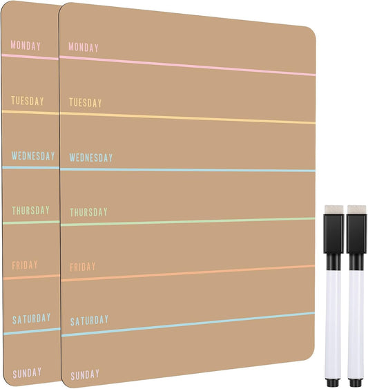 Outus 2 Pieces Magnetic Weekly Dry Erase Boards Erasable Weekly Calendars Whiteboard Planners with 2 Pieces Markers for Office School Supplies (Khaki Style)