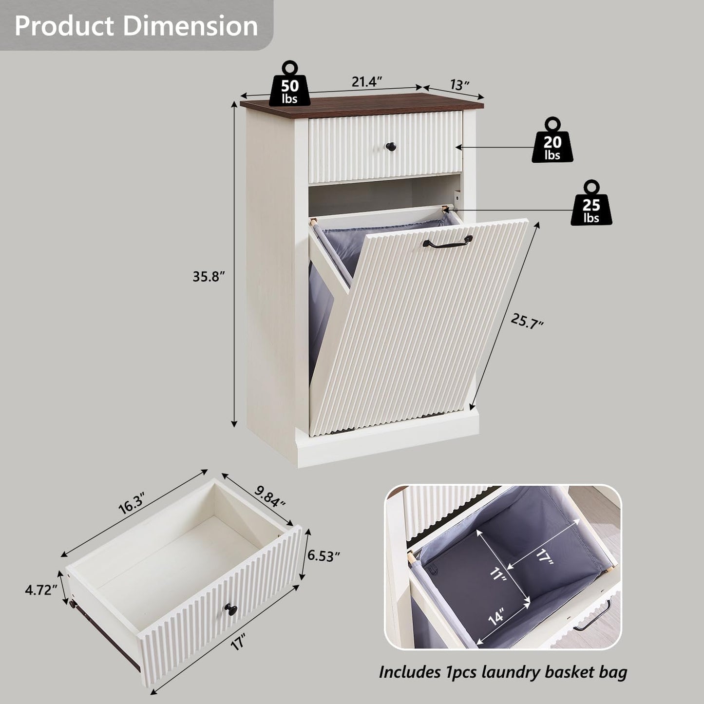 Modern Tilt-Out Laundry Hamper Cabinet, 10 Gallon Fluted Trash Can Cabinet with Drawer, Wooden Hidden Garbage Can Cabinets with Laundry Basket, Free Standing for Bathroom and Kitchen, White