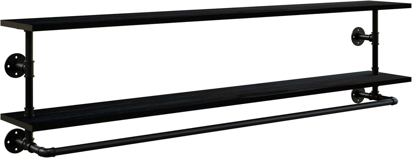 Black Clothes Rack 60in, 2-Tier Wall Mounted Garment Rack with Real Wood Shelf, Heavy Duty Hanging Clothes Rack, Multi-Purpose Hanging Rod, Space-Saving Closet Storage