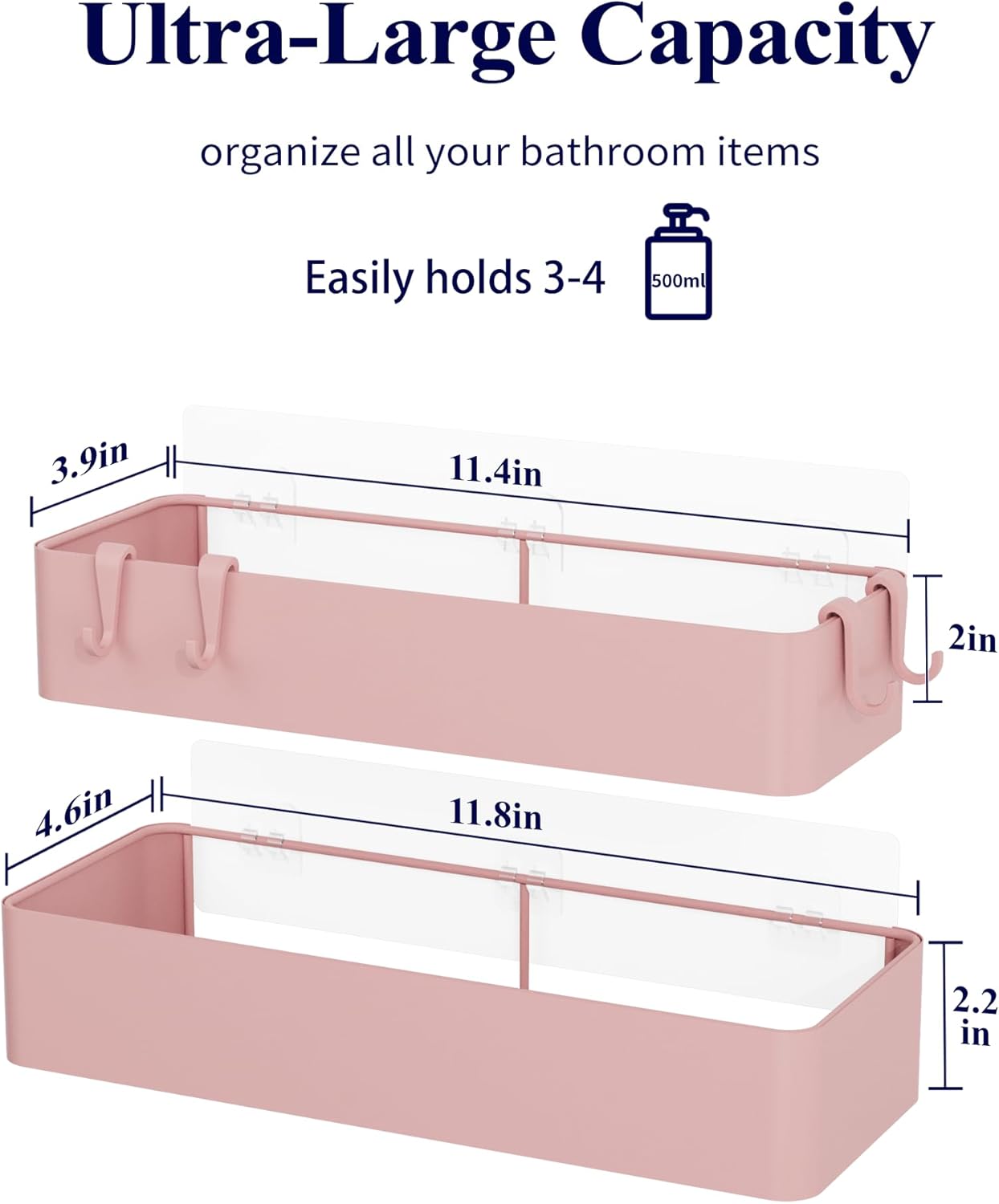 Kitsure Shower Caddy - 2 Pack Adhesive Shower Organizer, Rustproof Metal Shelves, No-Drill Bathroom Organizers and Storage, Pink, Large
