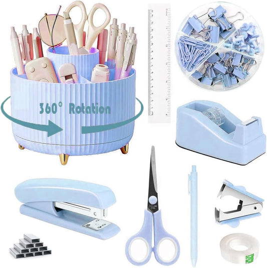 Desk Organizers and Accessories Set with 360-Degree Rotating Pen Holder, Tape Dispenser, Stapler, Staple Remover, 1000 Staples, Tape, Clips Set, Ruler, Scissor, Pen