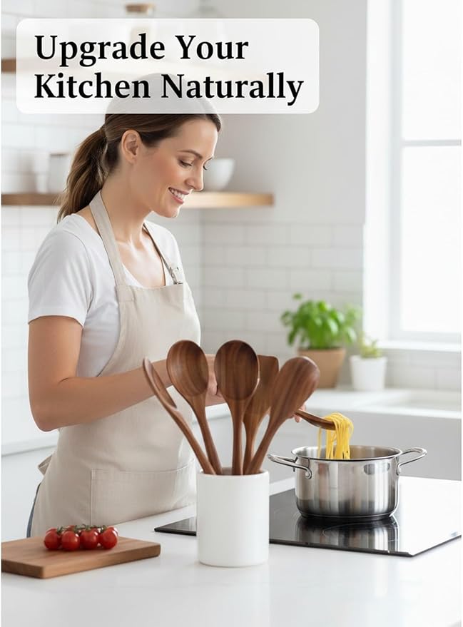100% Natural Teak Wood Wooden Utensil Set – 6 Pcs Durable Kitchen Spoons for Cooking – Non-Stick & Heat Resistant, Eco-Friendly & Comfortable Grip
