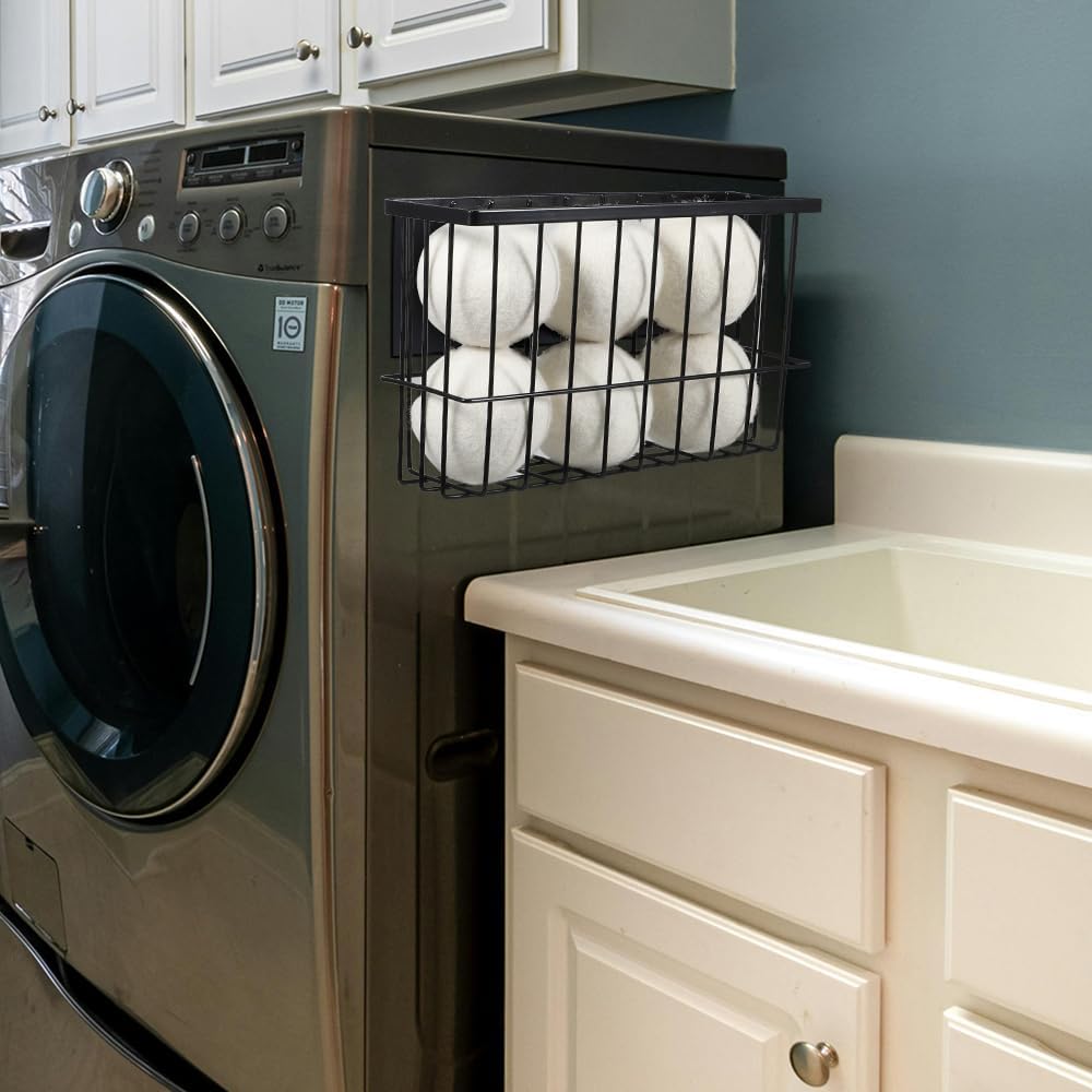 Picowe Large Dryer Ball Organizer Magnetic Storage Bin, Magnetic Basket Dryer Ball Holder for Laundry Room Organization and Storage to Hold 6 Dryer Balls, Without Balls ( Black, L )