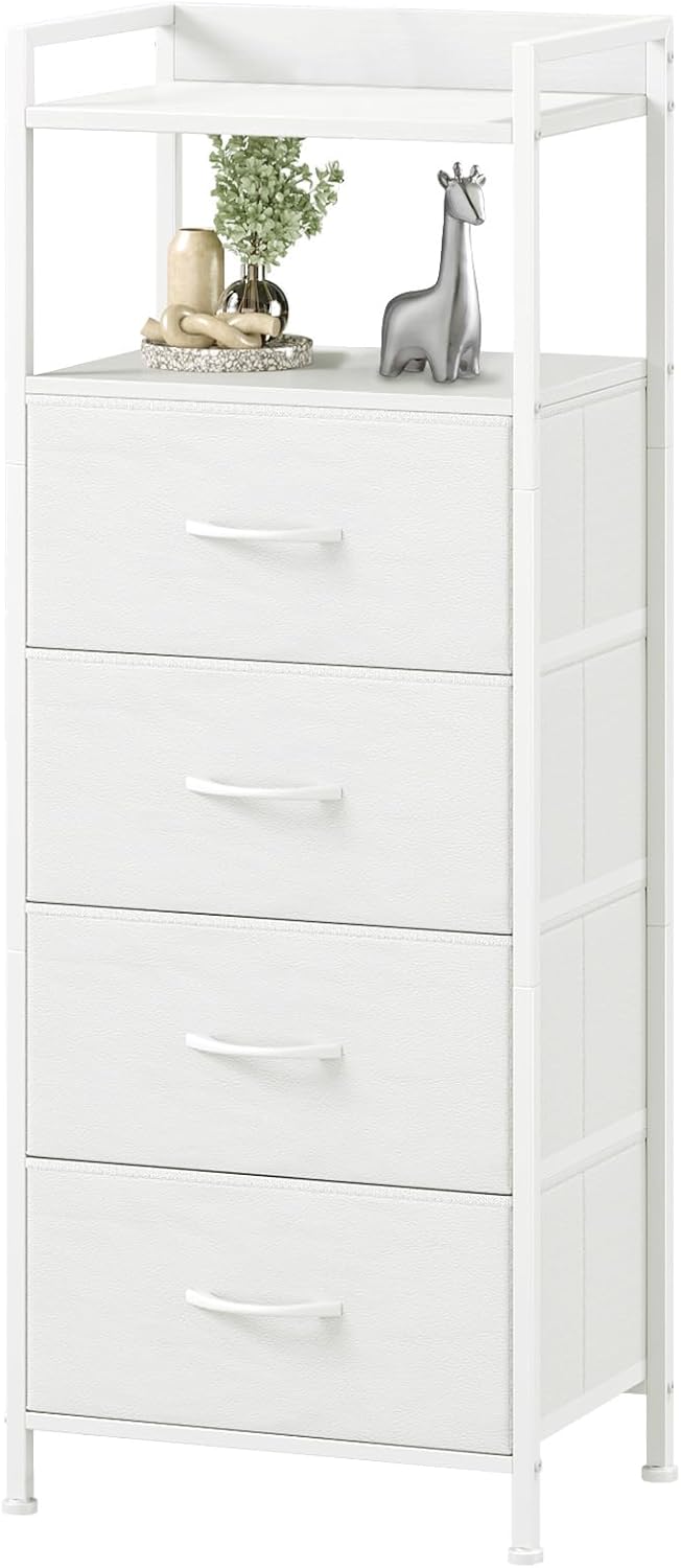 Somdot White Nightstand with 4 Drawers, Vertical Storage Tower Fabric Dresser for Bedroom, Nightstand Bedside Table Furniture, Sturdy Steel Frame, Wooden Top & Easy Pull Fabric Bins