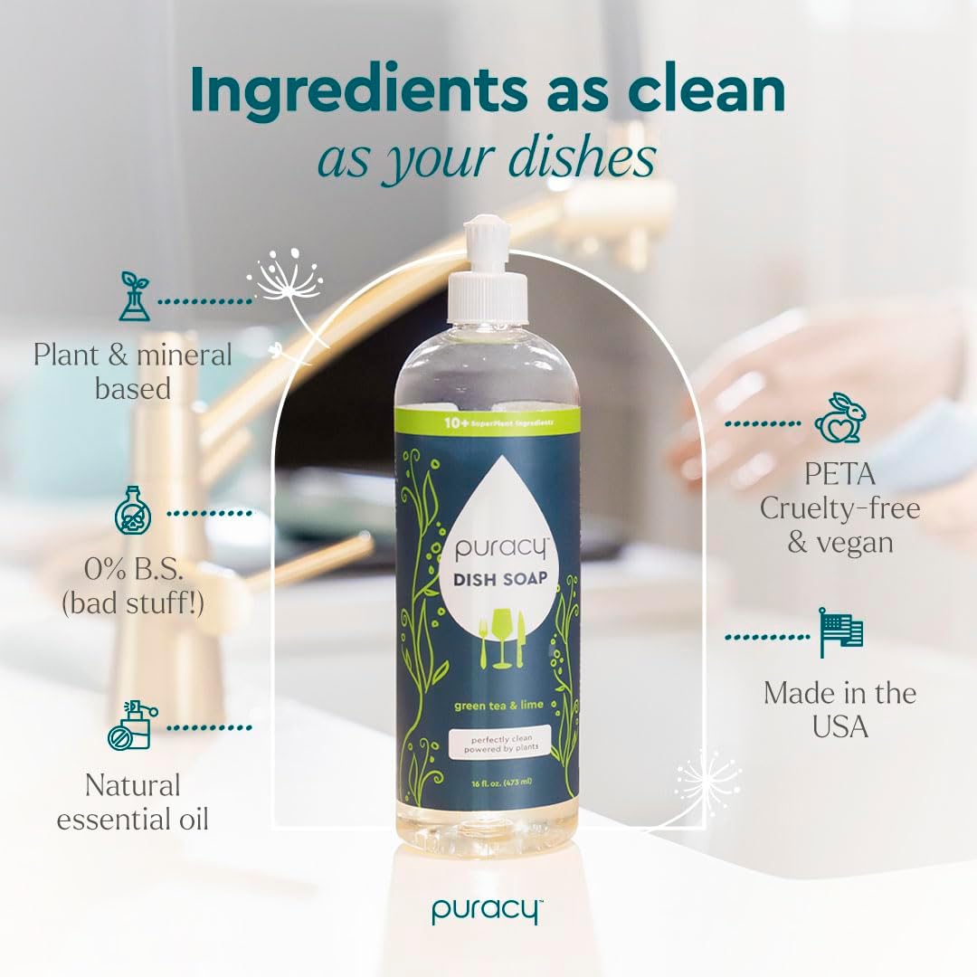 Puracy Natural Dish Soap Packs- Skin-Softening Plant-Based Dishwashing Soap, Non-Toxic Dish Soap, Organic Liquid Dishwashing Detergent Soap (Green Tea & Lime, 16 fl oz, 3 Pack)