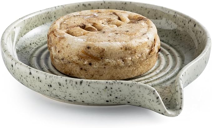 Soap Dish with Self-Draining Design, Ceramic Soap Holder with Drain Spout Soap Tray for Shower, Bathroom and Kitchen Sink, Keep Bar Soap Dry, Speckled Glaze