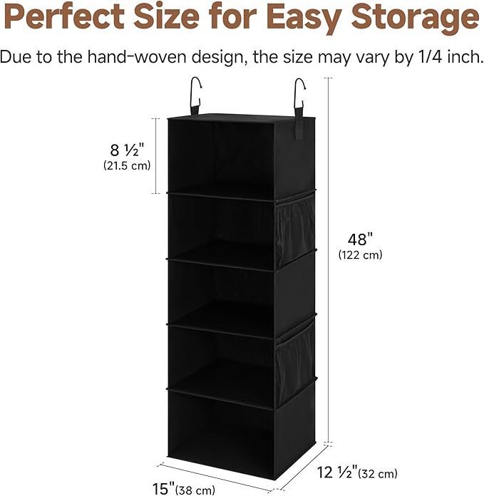 StorageWorks 5-Shelf Hanging Closet Organizers, Foldable Closet Storage Organizer with 2 Side Pockets, Portable Hanging Shelves for Clothes, Sweater, Towels, 13" D x 15" W x 47 ¾" H, Black