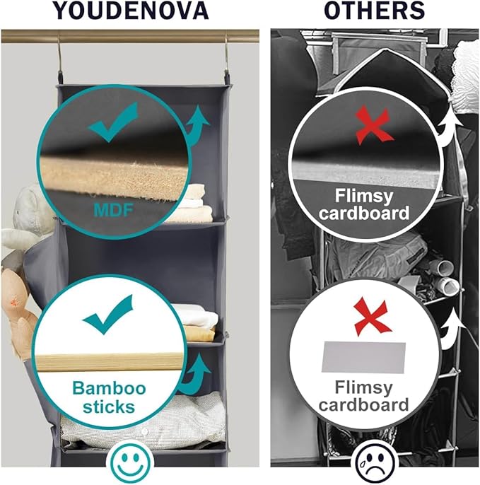 YOUDENOVA Hanging Closet Organizer and Storage, 6-Shelf Closet Hanging Storage Shelves, Grey