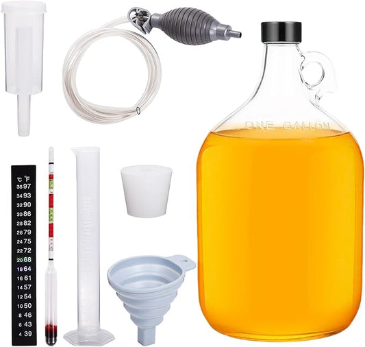 Mead Making Kit for Beginners 1 Gallon Home Brewing Kit with Glass Fermentation Jar Siphon Airlock Stopper Temperature Labe Funnel Hydrometer Reusable DIY Honey Wine Starter Set