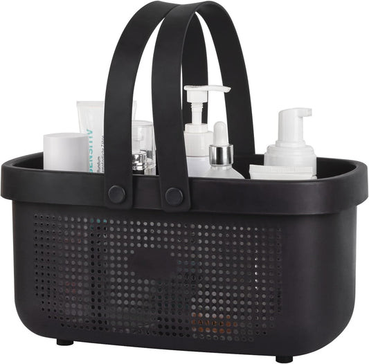 JiatuA Plastic Storage Basket with Handle Portable Shower Caddy Tote Organizer Basket Bin for Bathroom Kitchen Dorm Room Bedroom, Black