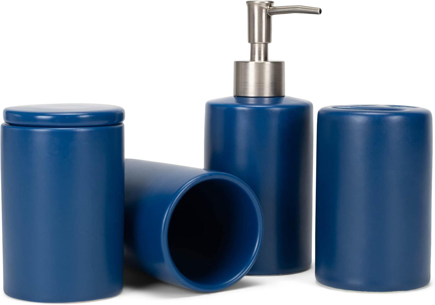 NAT & Jules Chic Modern Rounded 4.5 inch Ceramic Bathroom Accessories Set of 4 - Home Décor & Organization Perfect for Bath or Kitchen Household Essentials, Matte Blue
