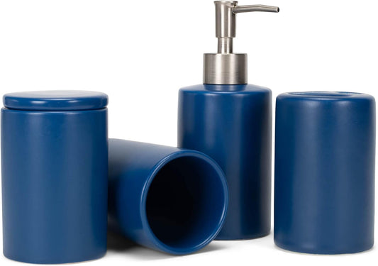 NAT & Jules Chic Modern Rounded 4.5 inch Ceramic Bathroom Accessories Set of 4 - Home Décor & Organization Perfect for Bath or Kitchen Household Essentials, Matte Blue
