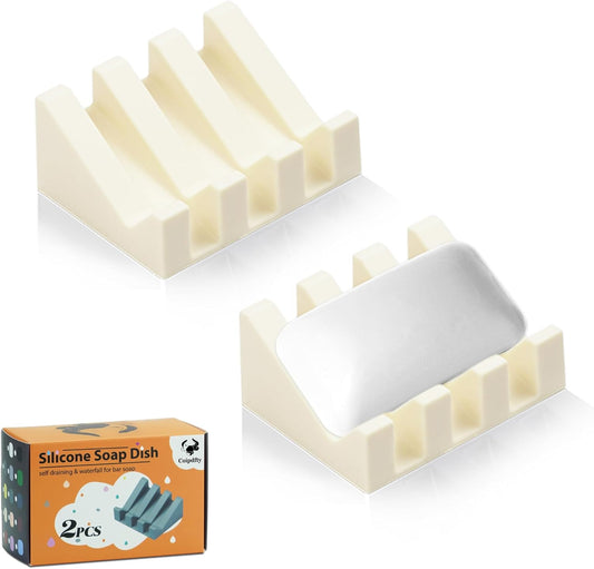 Self Draining Soap Dish Holder,Silicone Soap Dish,for Bathroom,Kitchen, Sponges，Can Extend Soap Life，Keep Soap Bars Dry and Easy Cleaning (2, Cream White)