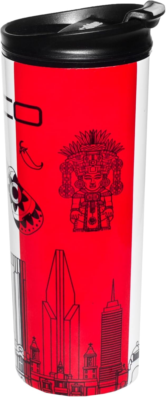 Mexico Vacuum Insulated Stainless Steel Thermal Travel Mug, 16 oz, Easy Clean, Flip leak Proof Lid Mexican Flag with Icons from Mexico…