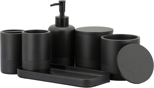 ZCCZ Black Matte Bathroom Accessories Set 6 Pieces - Toothbrush Holder, Lotion Dispenser, Qtip Container, Vanity Tray, Tumbler - Countertop Organizer for Bathrooms - Elegant and Functional Décor Set