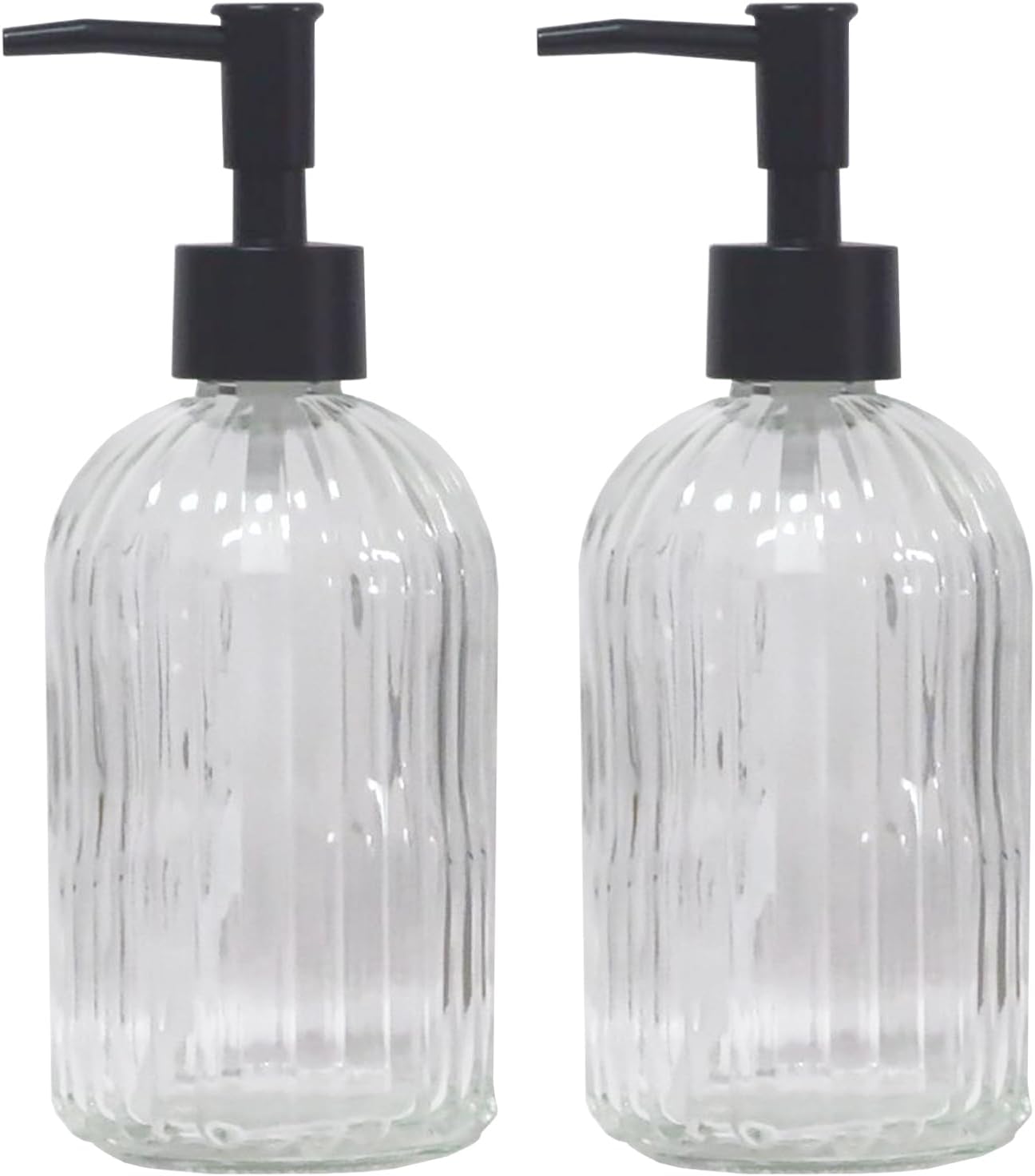 Clear Glass Soap Dispenser with Pump, 2 Pack 13.5oz Bathroom Soap Dispenser with Vertical Stripe for Hand Wash and Dish Wash, Elegant Refillable Hand Dispenser for Dishwashing Liquid, Lotion