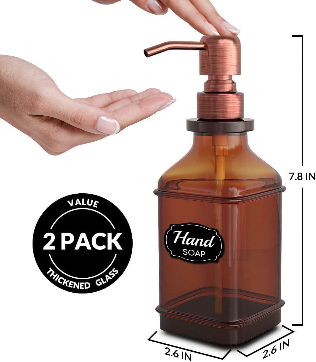 Soap Dispenser - 2 Pack, Antique Design Thick Amber Glass Hand Soap Dispensers with Sturdy Tray; 304 Rust Proof Stainless Steel Black Pump, 12Pcs Stickers, for Kitchen, Bathroom -Brushed Copper
